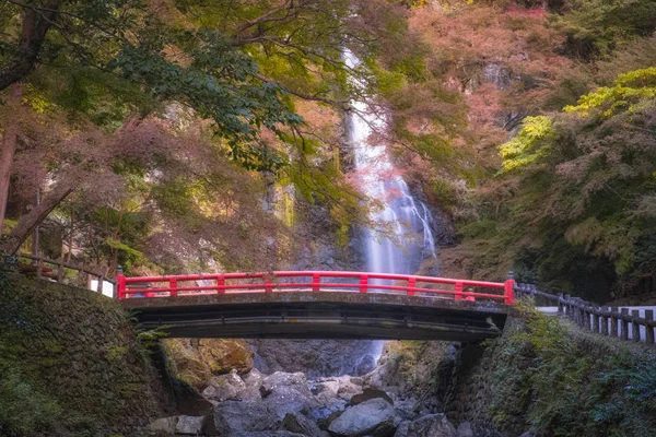 五彩缤纷的秋天瀑布 红枫叶瀑布 美丽的红桥 日本大阪Minoo Park — 图库照片