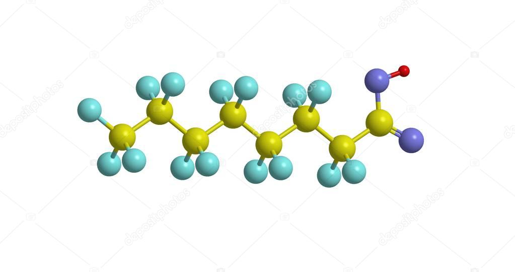 Molecular structure of Perfluorooctanoic acid (PFOA), 3D rendering