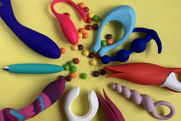 Many Sex Toys Vibrators Anal Plugs Yellow Background Useful Sex — Stock Photo, Image