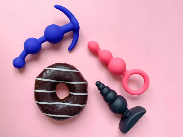 Sex Toys Three Butt Plags Donut Pink Backgroud Useful Adult — 스톡 사진