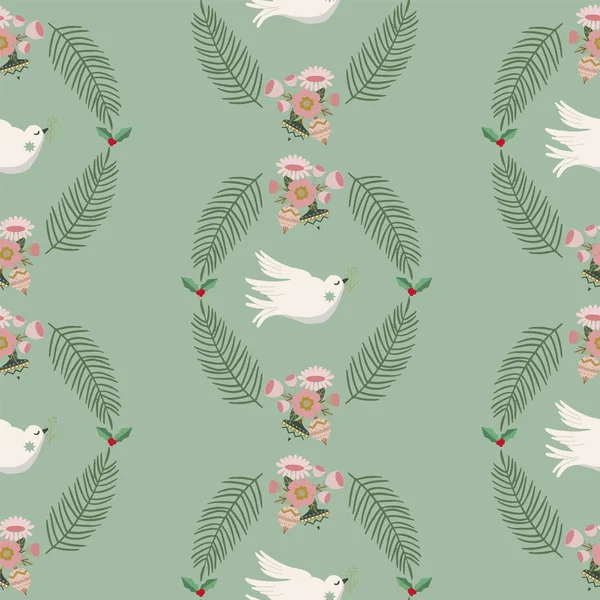 Vector green seamless pattern background with a dove, leaves and flowers. — Stock Vector