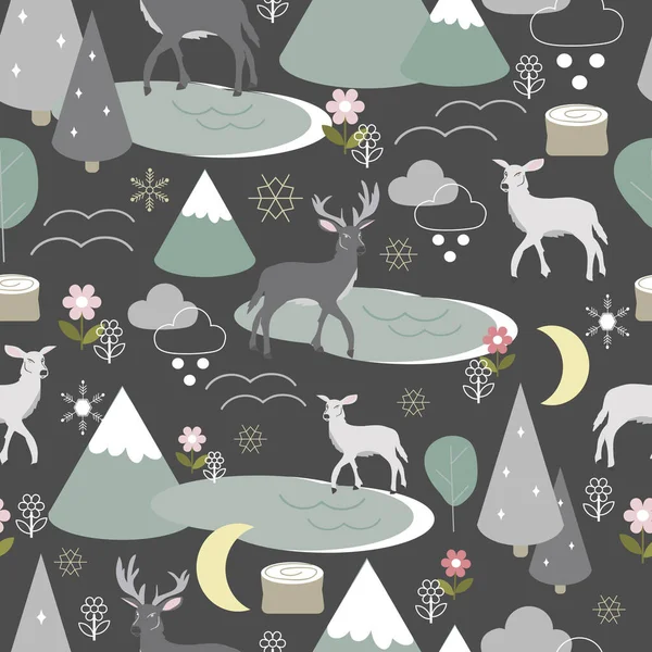 Vektor grå sömlös mönster bakgrund med berg, rådjur, sjö och träd. — Stock vektor