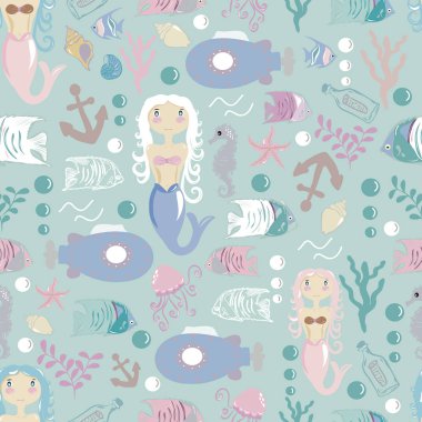 Denizkızları, balıklar, deniz yıldızları ve alglerle vektör desenli..