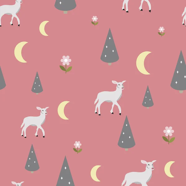 Vector pink seamless pattern background with a deer, moon and trees. — Stock Vector