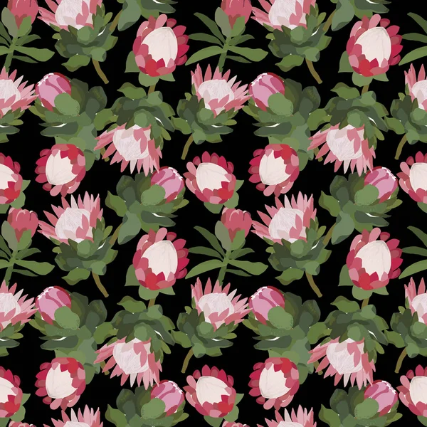 Vector de fondo negro sin costuras con proteas y follaje . — Vector de stock