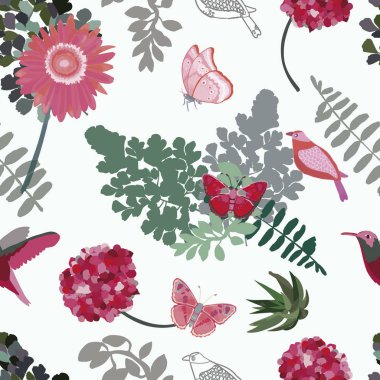 Çiçekler ve yapraklarla kusursuz beyaz arkaplan.