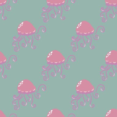 Denizanası ve yeşil arka planı olan kusursuz bir vektör deseni.