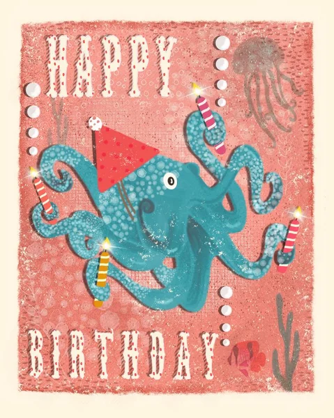 Card with an octopus, underwater.Featuring a quote.