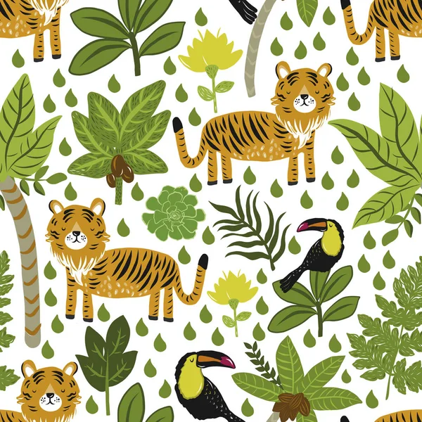 Vector seamless pattern background with tropical foliage and a tiger. — Stock Vector
