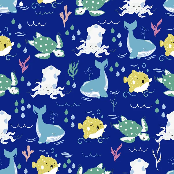 Vector seamless pattern with turtles whales, squids and balloon fish. — Stok Vektör
