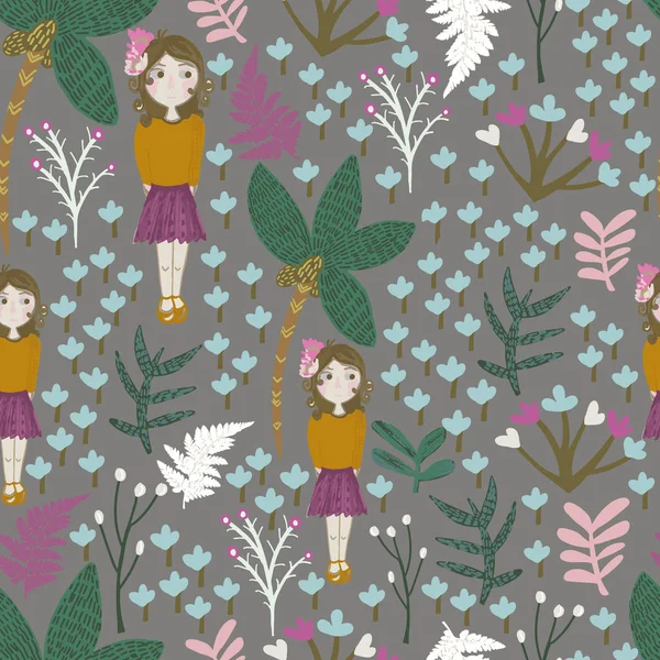 Vector seamless pattern of a girl in a wild jungle. — Stok Vektör