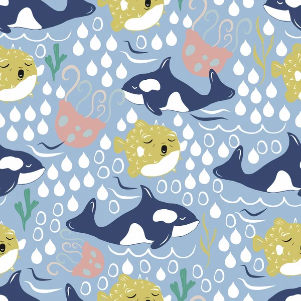 Vector seamless pattern with whales, jellyfish and balloon fish.