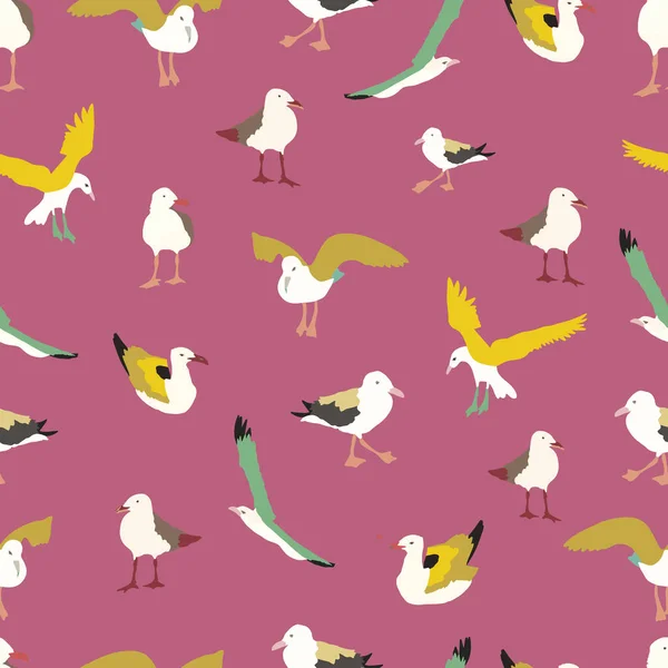 Vector seamless pattern background with seagulls. Pink background. — Stock Vector