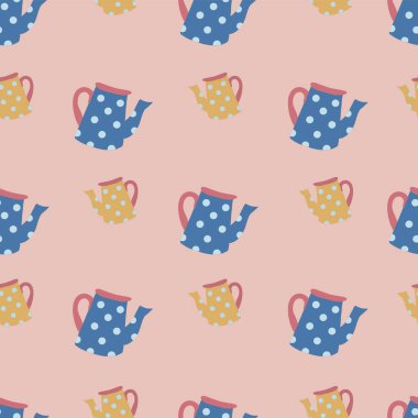 Çay demlikleri ile vektör pembesi desenli arka plan. 