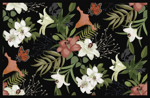 Vector seamless pattern background with foliage and flowers.
