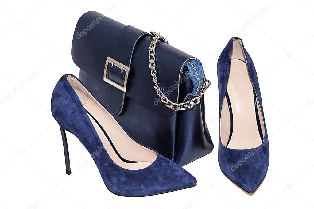 female, bag, blue, with a strap on a white background, shoes, blue, female, high heel