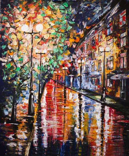 oil painting night city street
