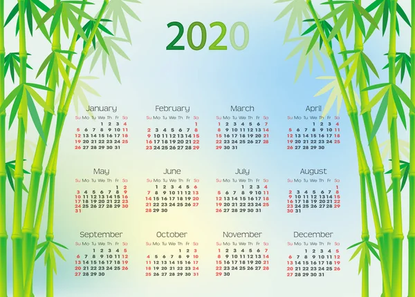 Calendario 2020 con fondo de árbol de bambú — Vector de stock