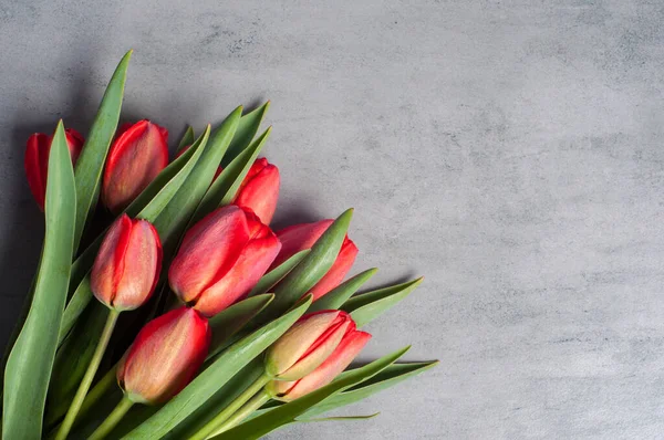 Bouquet Von Frischen Roten Tulpenblumen Sitzt Auf Dunkler Oberfläche Hintergrund Stockbild