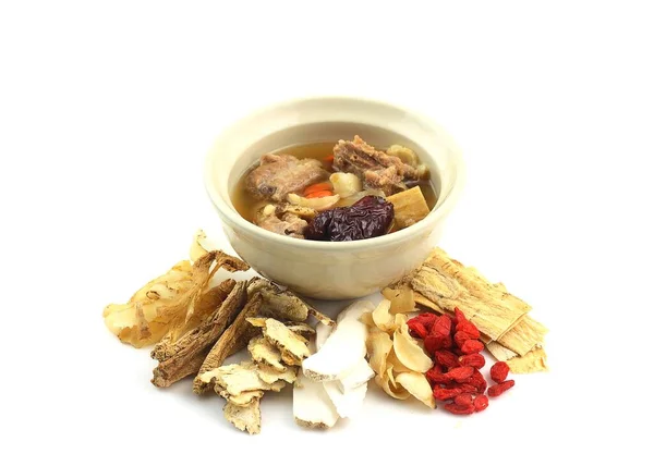 Comida Saludable Tazón Sopa Clara Alrededor Con Muchas Hierbas Medicinales —  Fotos de Stock