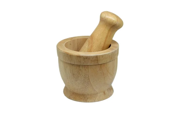 Wooden mortar and pestle for crushing herbal medicine or cooking, isolate on white background — Stock Photo, Image
