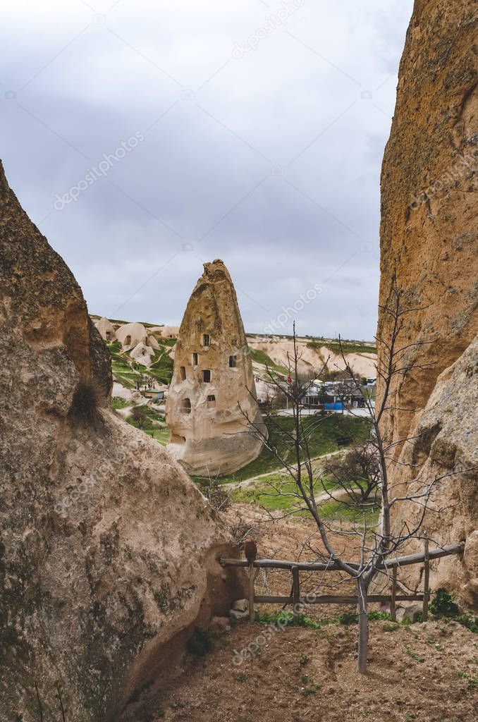 Dwellings in the rocks of volcanic tuff in Turkish Cappadocia. Goreme National Park.