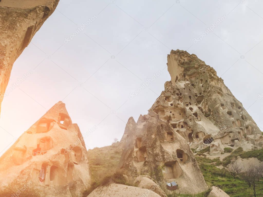 Dwellings in the rocks of volcanic tuff in Cappadocia, central Turkey.