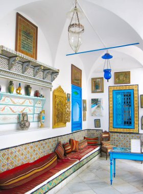 Tunus. Sidi Bou Said. 17 Eylül 2016. Sidi Bou Said kasabasında bir Arap evinin içi..