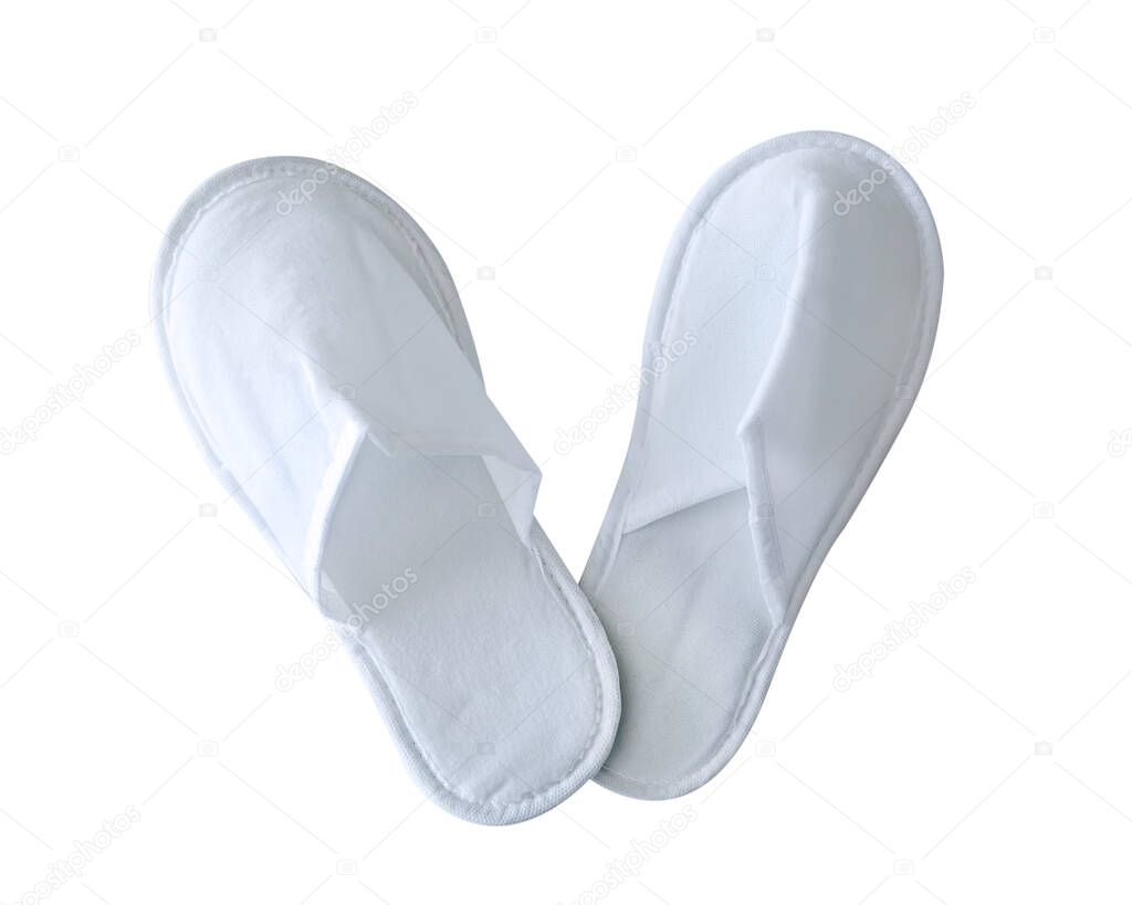 Monochrome textile hotel slippers isolated on a white background close-up