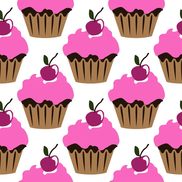 A cseresznye zökkenőmentes minta rózsaszín krém cupcake — Stock Vector