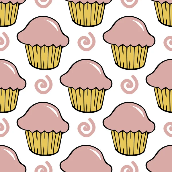 Fresa rosa crema cupcake patrón sin costuras — Archivo Imágenes Vectoriales