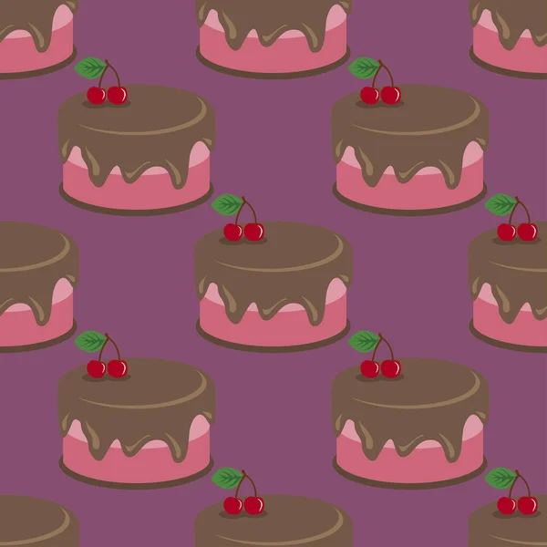 奶油巧克力樱桃蛋糕美味无缝背景图案 — 图库矢量图片