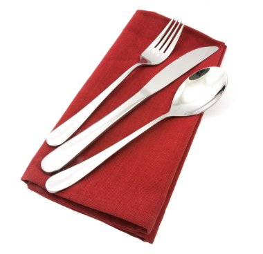 çatal ve bıçak izole kırmızı peçete üzerinde