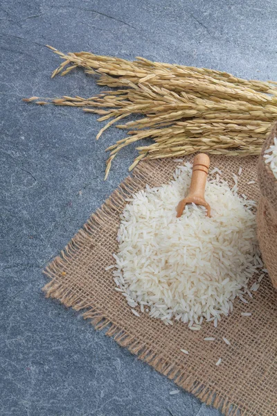 Тайський ароматний рис жасмину в ложці з золотим шипом — стокове фото