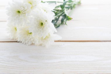 Tahta arka planda beyaz çiçek