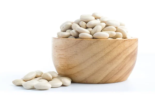 White beans on wood cup isolated white — Stock Photo, Image