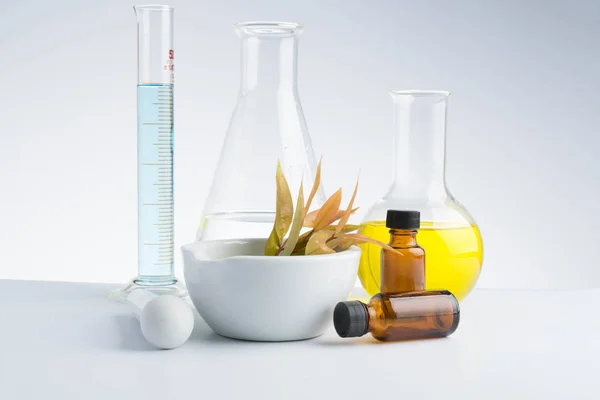 Bitkisel ilaç doğal organik ve bilimsel cam ürünleri — Stok fotoğraf
