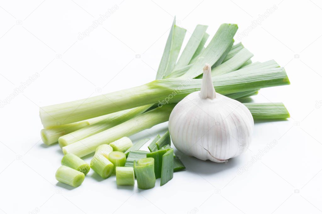 young-green garlic isolated on white