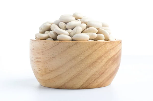 White beans on wood cup isolated white — Stock Photo, Image