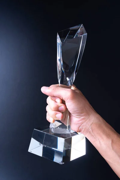 Crystal Award Hand Isolated Black Background — Stock Photo, Image