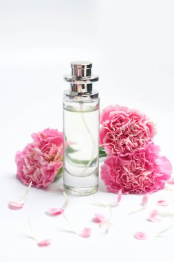 Parfüm şişeleri ve beyaz arka plan üzerinde pembe karanfiller
