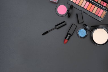 set decorative cosmetics with text space on black