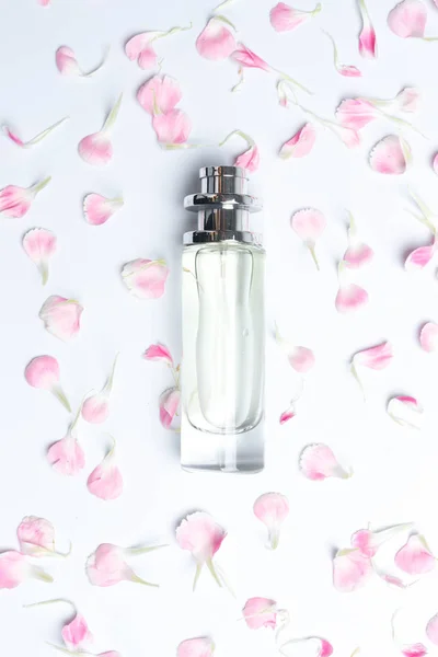 Frascos de perfume y claveles rosados sobre fondo blanco — Foto de Stock