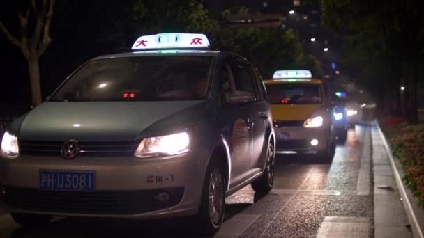 SHANGHAI - OCTOBER 30, 2019: Raw of Shanghai Taxis with Lights on Stopped on the Road at Night — Stock Video