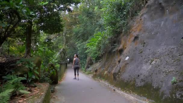 Mooi gemengd meisje wordt dwaas springt rond op een berg weg 4k — Stockvideo
