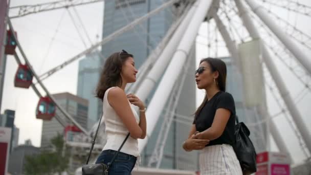 Две молодые женщины разговаривают на большом колесе обозрения в облачный день 4k — стоковое видео