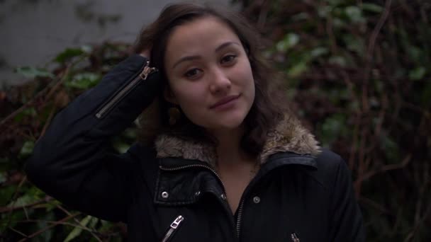 Beautiful Mixed Girl Runs Fingers thru her Hair Looking into Camera Slo Mo — Stock Video