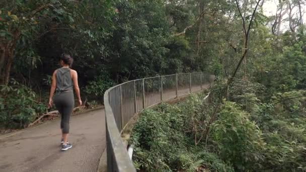 Hermosa chica mixta en ropa de entrenamiento en una caminata camina a través del puente 4k — Vídeos de Stock