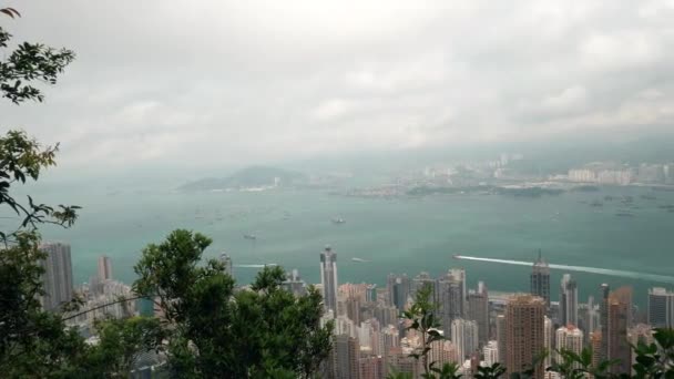 View of Hong Kong and Victoria Bay with many Boats from Hill Overcast 4k — 비디오