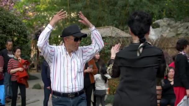 Older Asian Man and Woman Dance Chinese National Dances, Jingan Park, Shanghai — 비디오